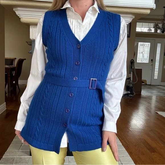Vintage Retro Blue Cable Knit Belted Sweater Vest Wool Royal Blue - Picture 2 of 6